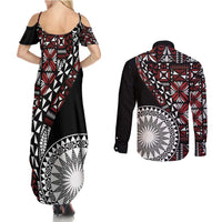 Red Tongan Ngatu Fonulei Pattern Couples Matching Summer Maxi Dress and Long Sleeve Button Shirt
