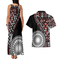 Red Tongan Ngatu Fonulei Pattern Couples Matching Tank Maxi Dress and Hawaiian Shirt