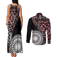 Red Tongan Ngatu Fonulei Pattern Couples Matching Tank Maxi Dress and Long Sleeve Button Shirt