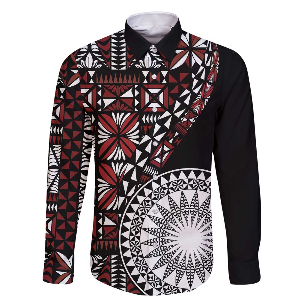 Red Tongan Ngatu Fonulei Pattern Family Matching Long Sleeve Bodycon Dress and Hawaiian Shirt