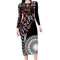 Red Tongan Ngatu Fonulei Pattern Family Matching Long Sleeve Bodycon Dress and Hawaiian Shirt