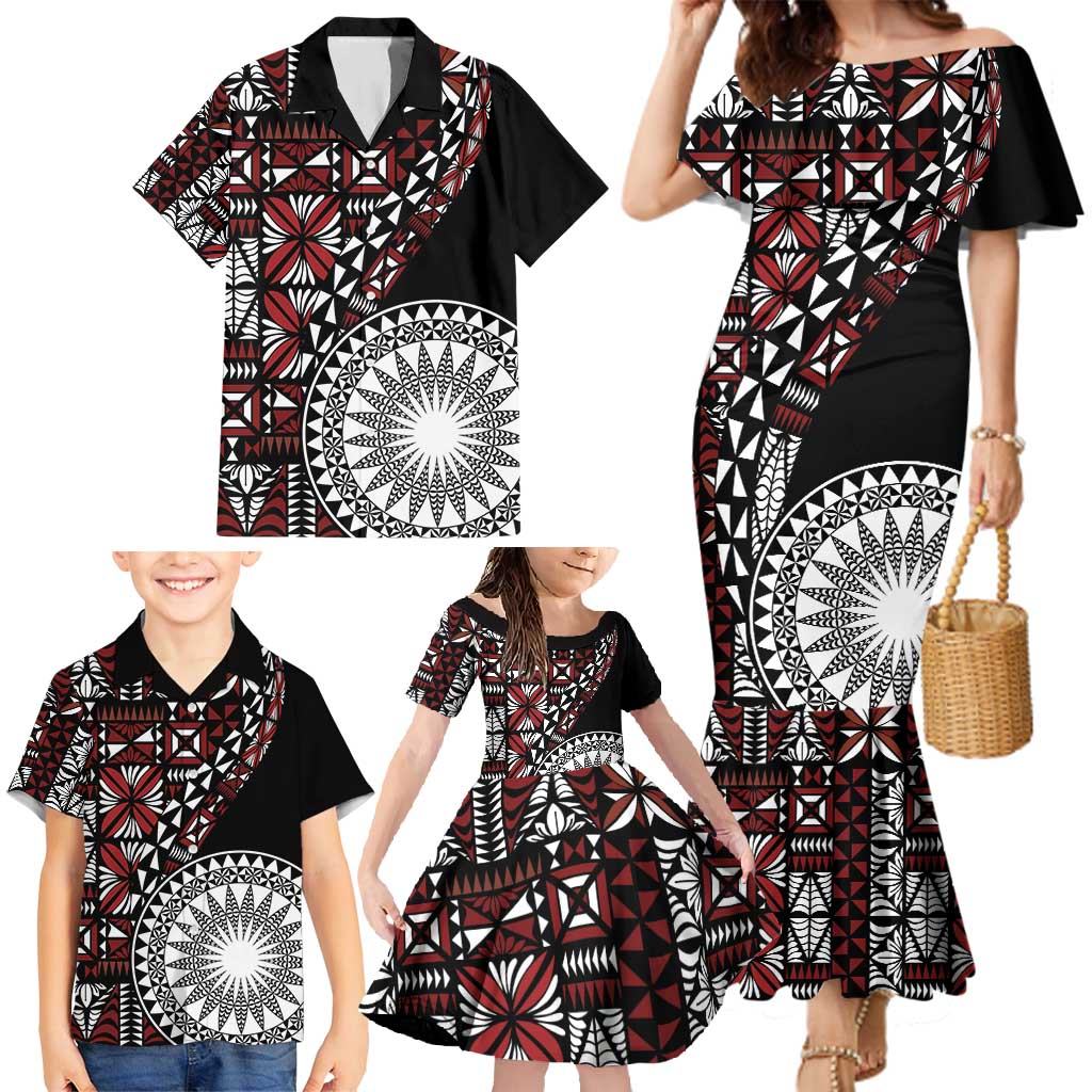 Red Tongan Ngatu Fonulei Pattern Family Matching Mermaid Dress and Hawaiian Shirt