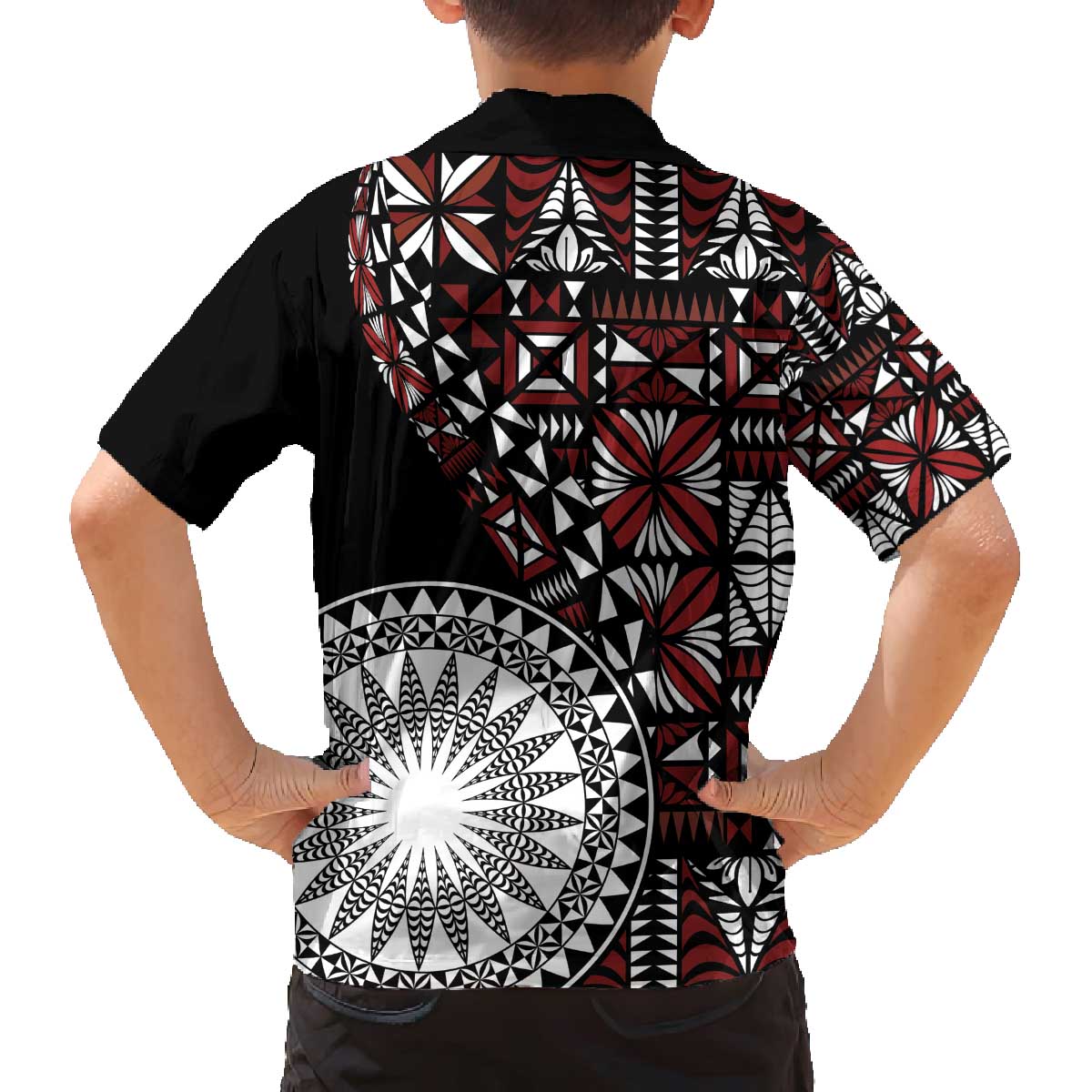 Red Tongan Ngatu Fonulei Pattern Family Matching Off The Shoulder Long Sleeve Dress and Hawaiian Shirt