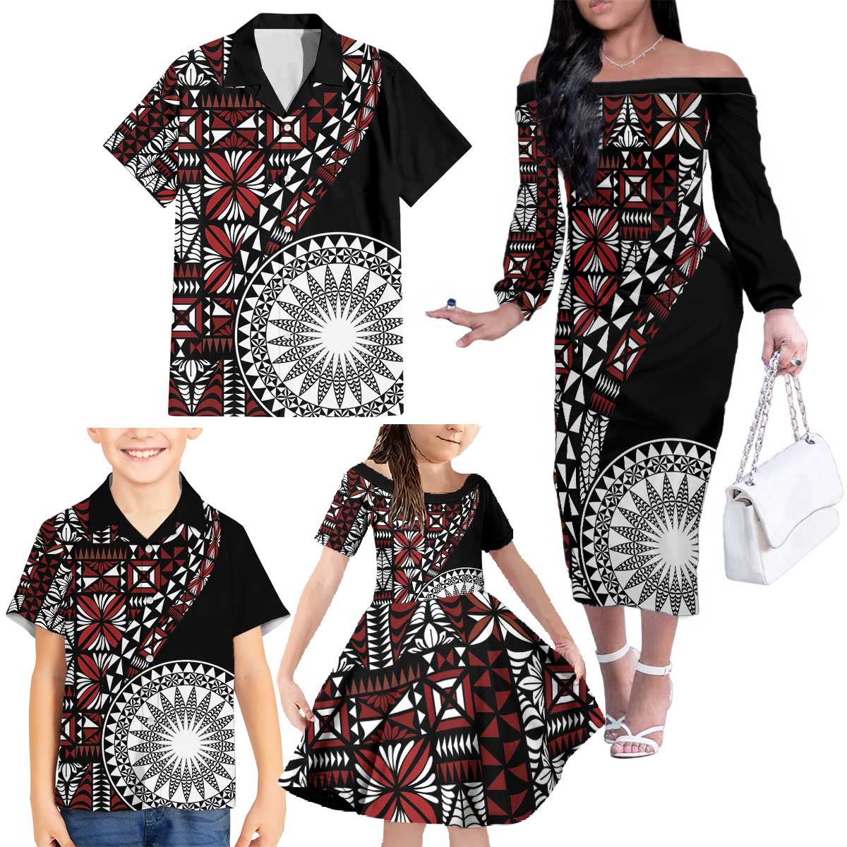 Red Tongan Ngatu Fonulei Pattern Family Matching Off The Shoulder Long Sleeve Dress and Hawaiian Shirt