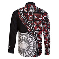 Red Tongan Ngatu Fonulei Pattern Family Matching Off The Shoulder Long Sleeve Dress and Hawaiian Shirt