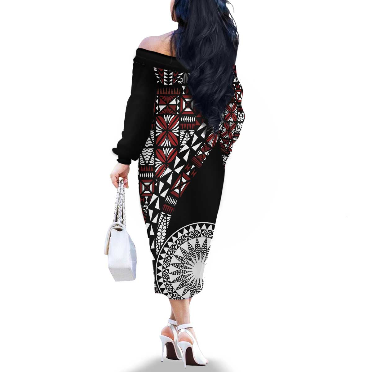 Red Tongan Ngatu Fonulei Pattern Family Matching Off The Shoulder Long Sleeve Dress and Hawaiian Shirt