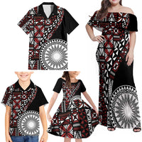 Red Tongan Ngatu Fonulei Pattern Family Matching Off Shoulder Maxi Dress and Hawaiian Shirt