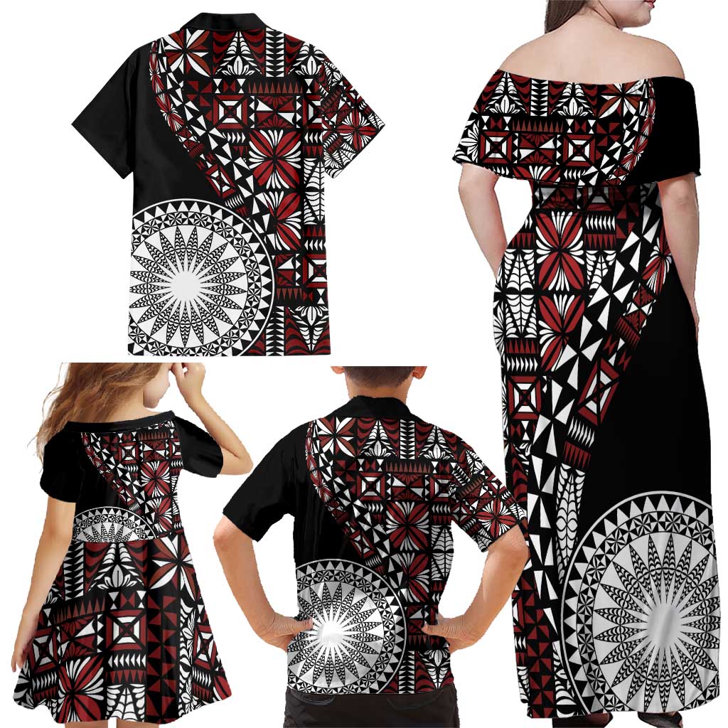 Red Tongan Ngatu Fonulei Pattern Family Matching Off Shoulder Maxi Dress and Hawaiian Shirt