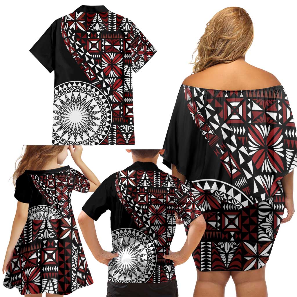 Red Tongan Ngatu Fonulei Pattern Family Matching Off Shoulder Short Dress and Hawaiian Shirt