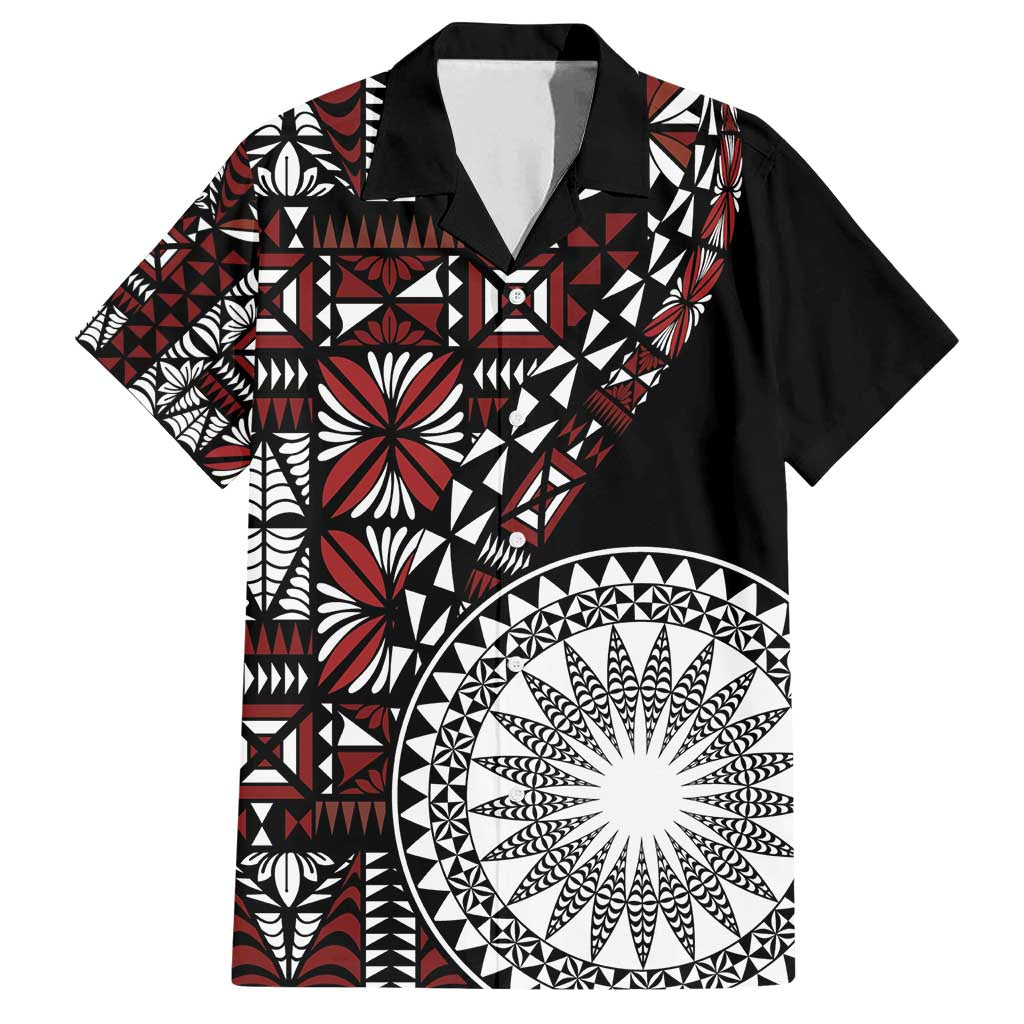 Red Tongan Ngatu Fonulei Pattern Family Matching Off Shoulder Short Dress and Hawaiian Shirt