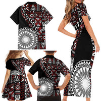 Red Tongan Ngatu Fonulei Pattern Family Matching Short Sleeve Bodycon Dress and Hawaiian Shirt