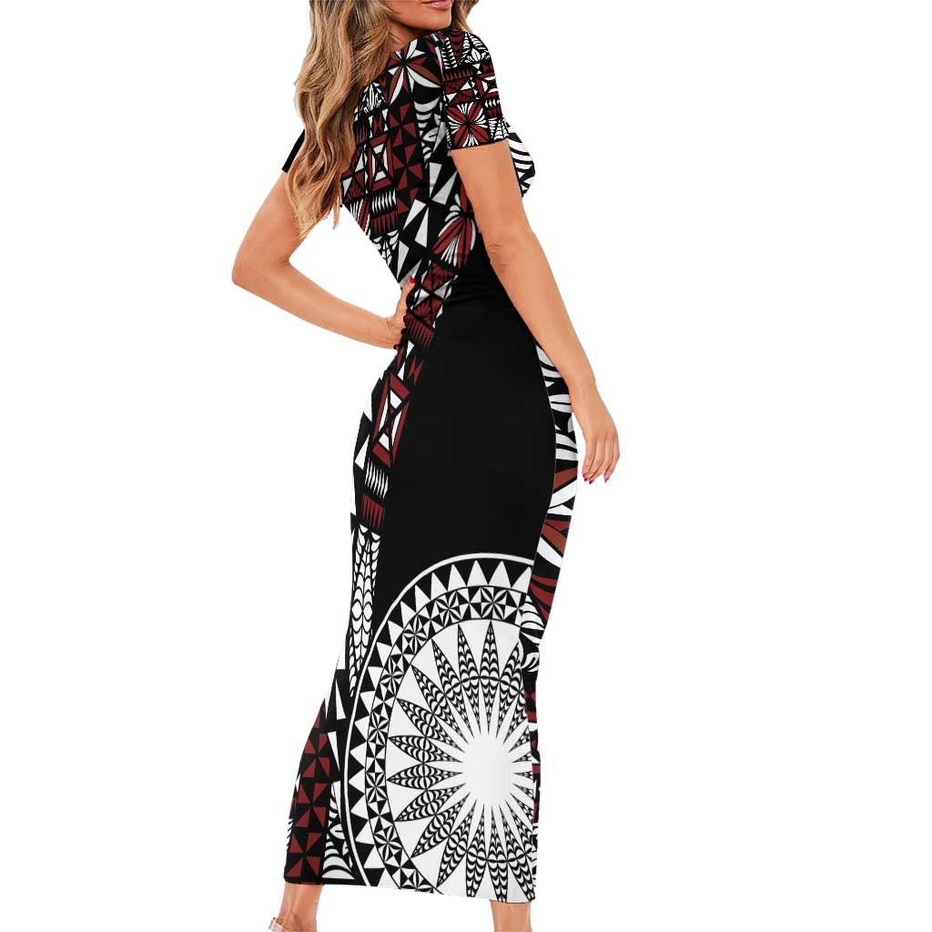 Red Tongan Ngatu Fonulei Pattern Family Matching Short Sleeve Bodycon Dress and Hawaiian Shirt