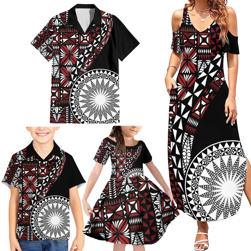 Red Tongan Ngatu Fonulei Pattern Family Matching Summer Maxi Dress and Hawaiian Shirt