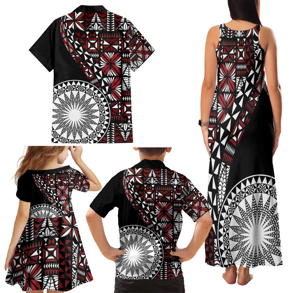 Red Tongan Ngatu Fonulei Pattern Family Matching Tank Maxi Dress and Hawaiian Shirt