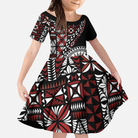 Red Tongan Ngatu Fonulei Pattern Kid Short Sleeve Dress