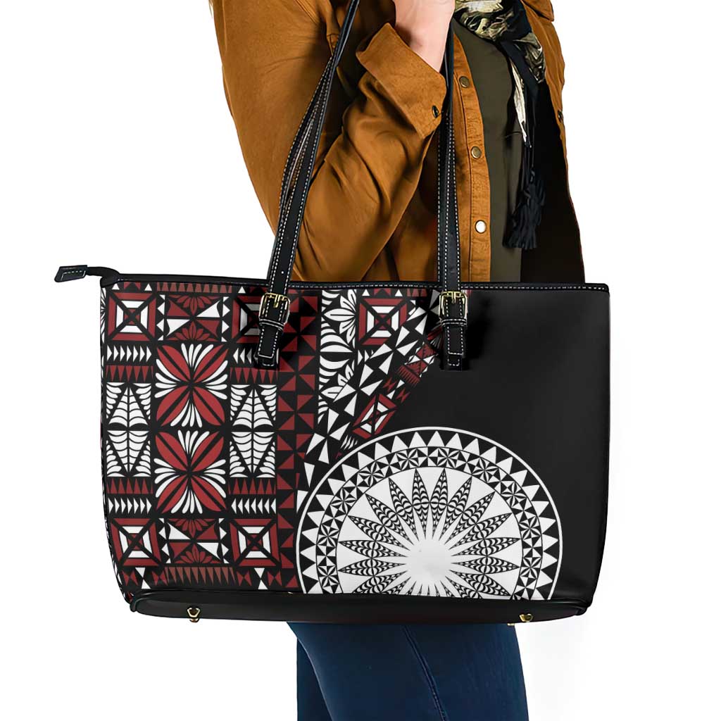 Red Tongan Ngatu Fonulei Pattern Leather Tote Bag