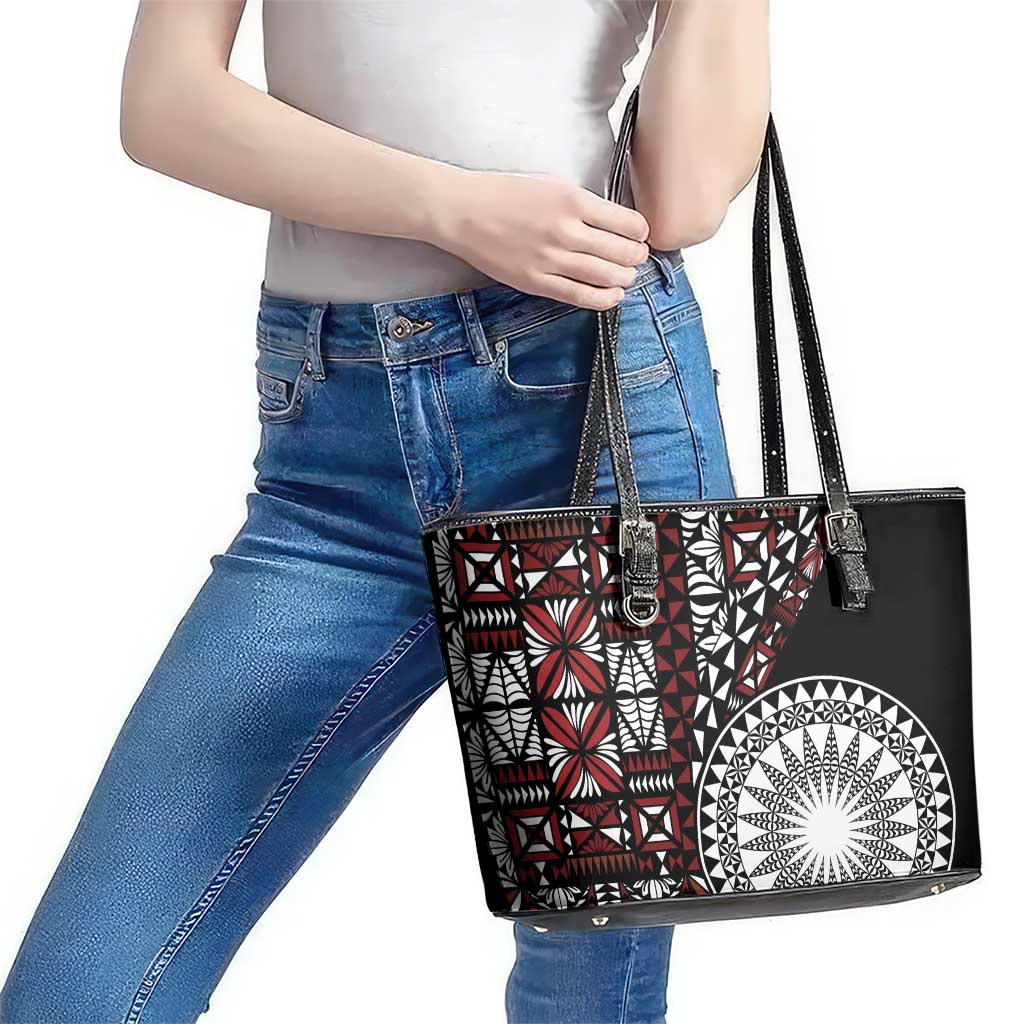 Red Tongan Ngatu Fonulei Pattern Leather Tote Bag