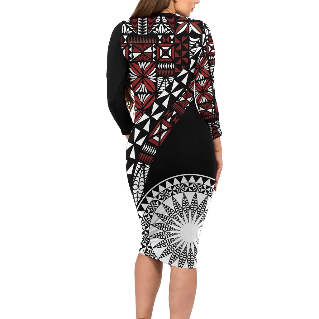 Red Tongan Ngatu Fonulei Pattern Long Sleeve Bodycon Dress