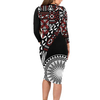 Red Tongan Ngatu Fonulei Pattern Long Sleeve Bodycon Dress