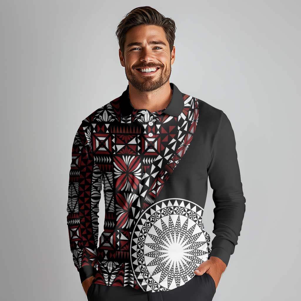 Red Tongan Ngatu Fonulei Pattern Long Sleeve Polo Shirt