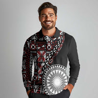 Red Tongan Ngatu Fonulei Pattern Long Sleeve Polo Shirt