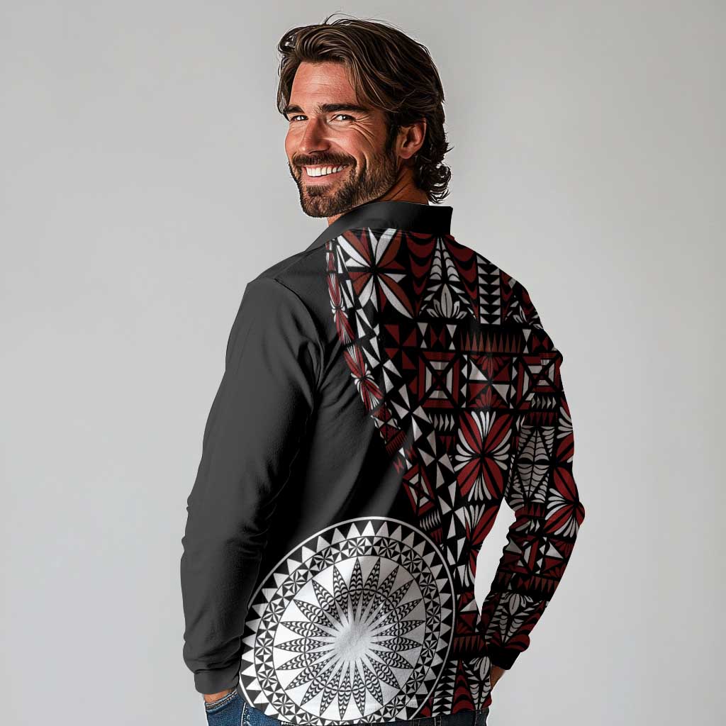 Red Tongan Ngatu Fonulei Pattern Long Sleeve Polo Shirt