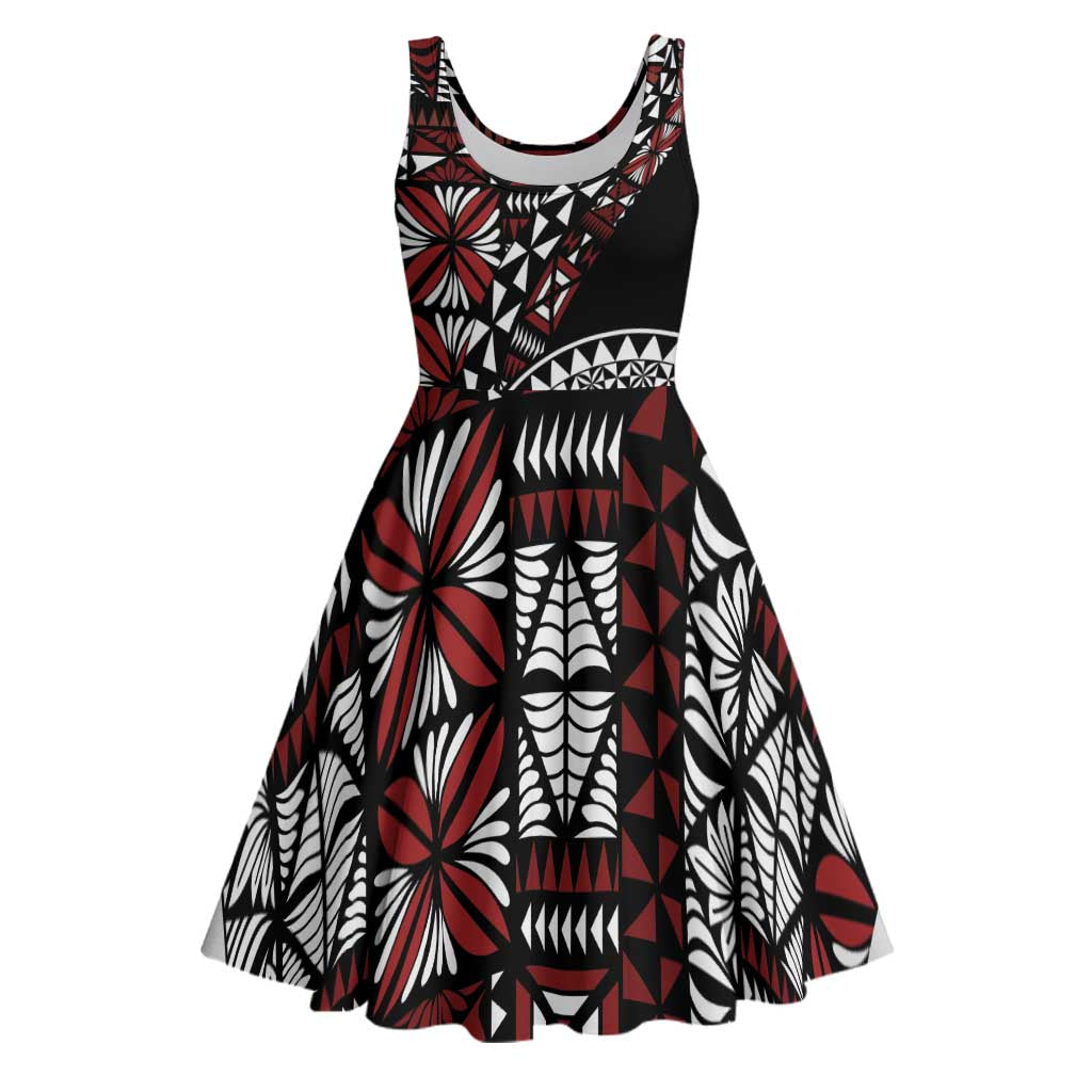 Red Tongan Ngatu Fonulei Pattern Midi Dress - Polynesian Pride
