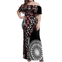 Red Tongan Ngatu Fonulei Pattern Off Shoulder Maxi Dress