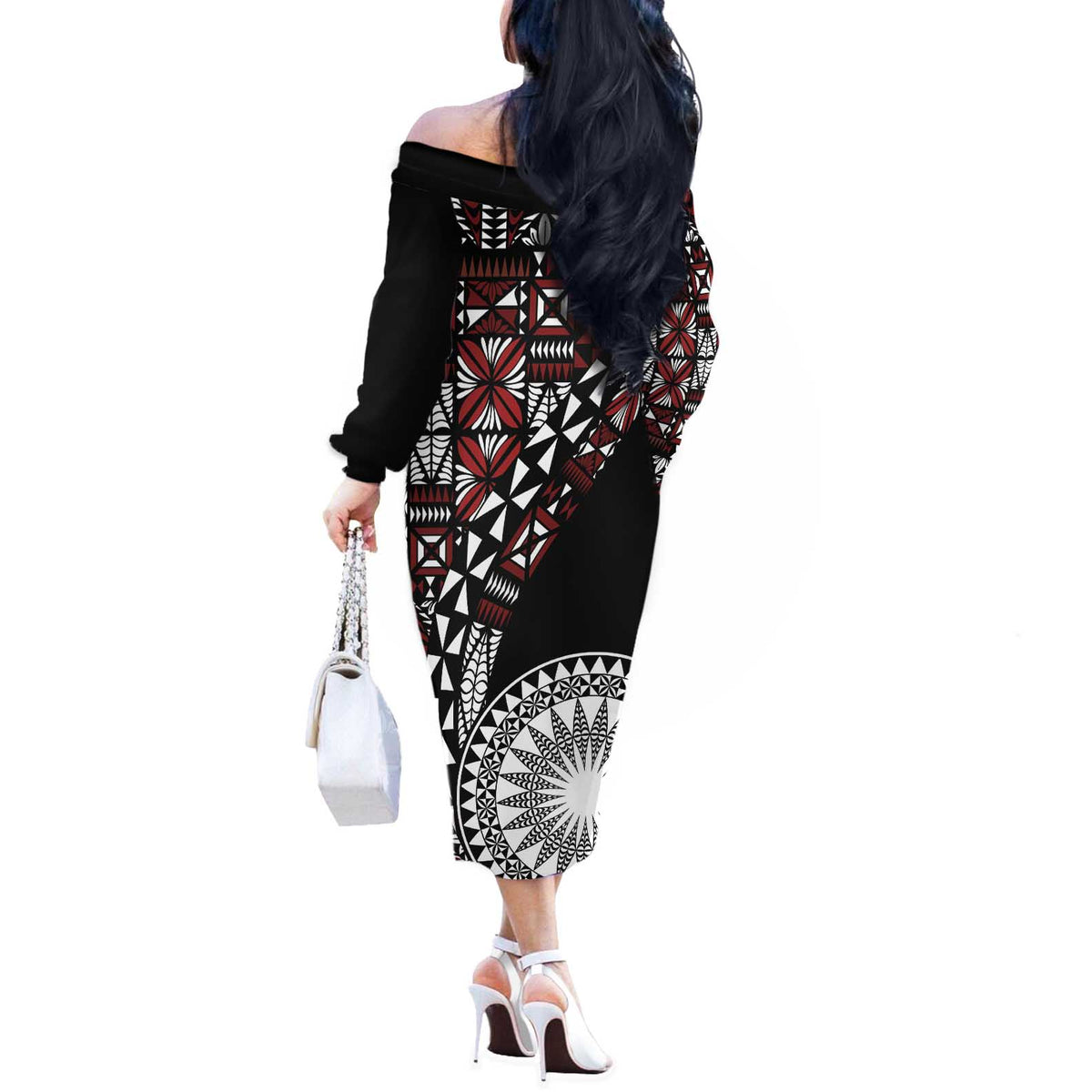 Red Tongan Ngatu Fonulei Pattern Off The Shoulder Long Sleeve Dress