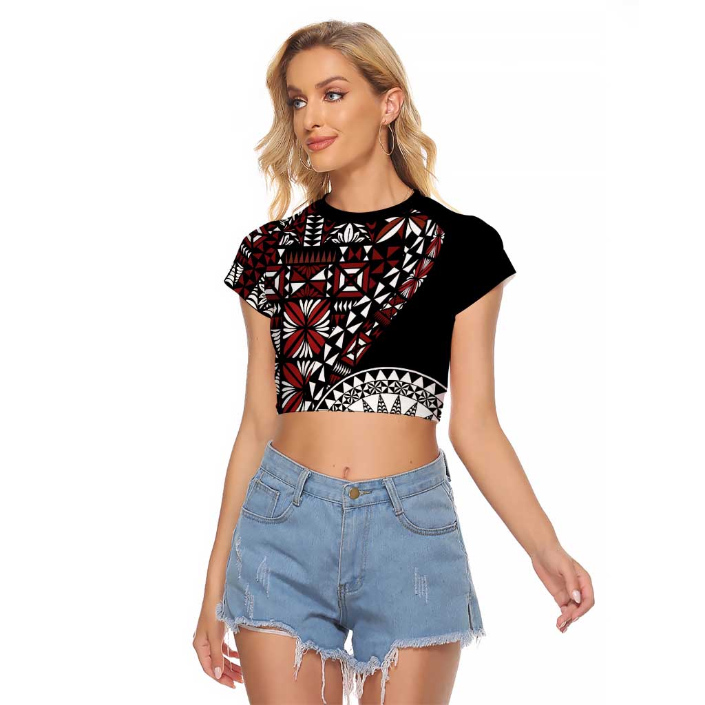 Red Tongan Ngatu Fonulei Pattern Raglan Cropped T Shirt