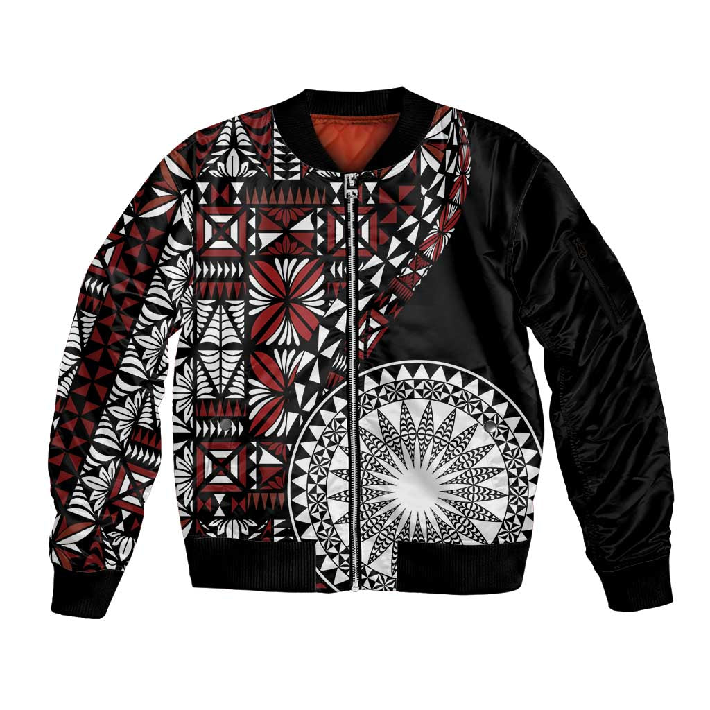 Red Tongan Ngatu Fonulei Pattern Sleeve Zip Bomber Jacket