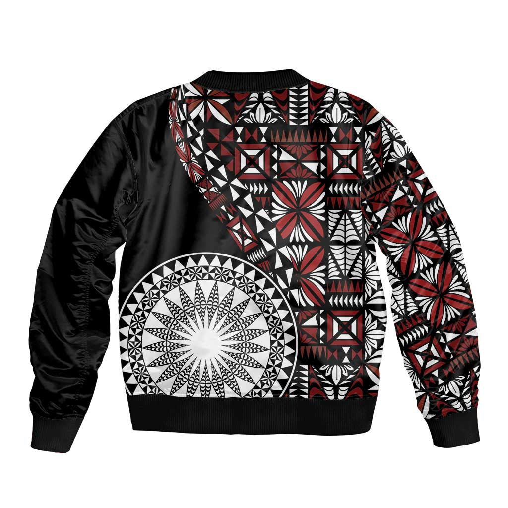 Red Tongan Ngatu Fonulei Pattern Sleeve Zip Bomber Jacket