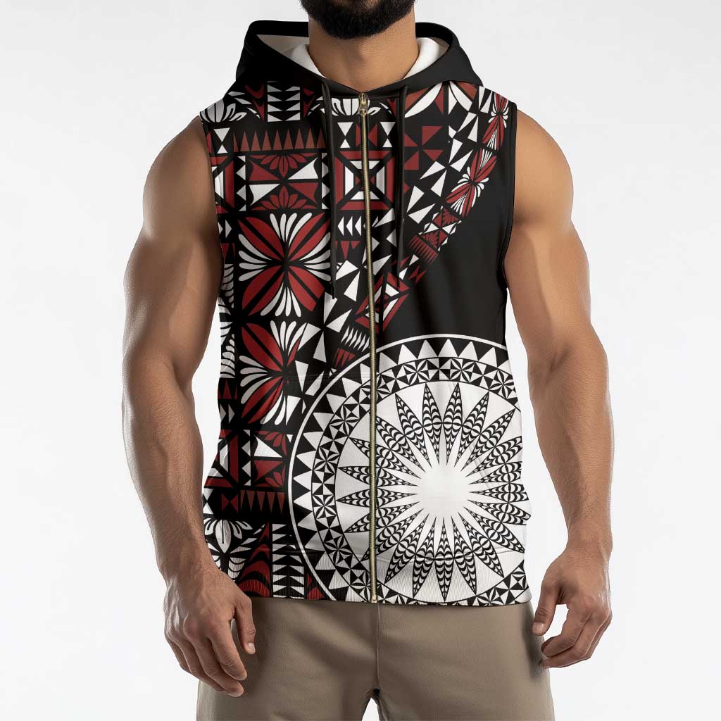 Red Tongan Ngatu Fonulei Pattern Sleeveless Zip Hoodie - Polynesian Pride