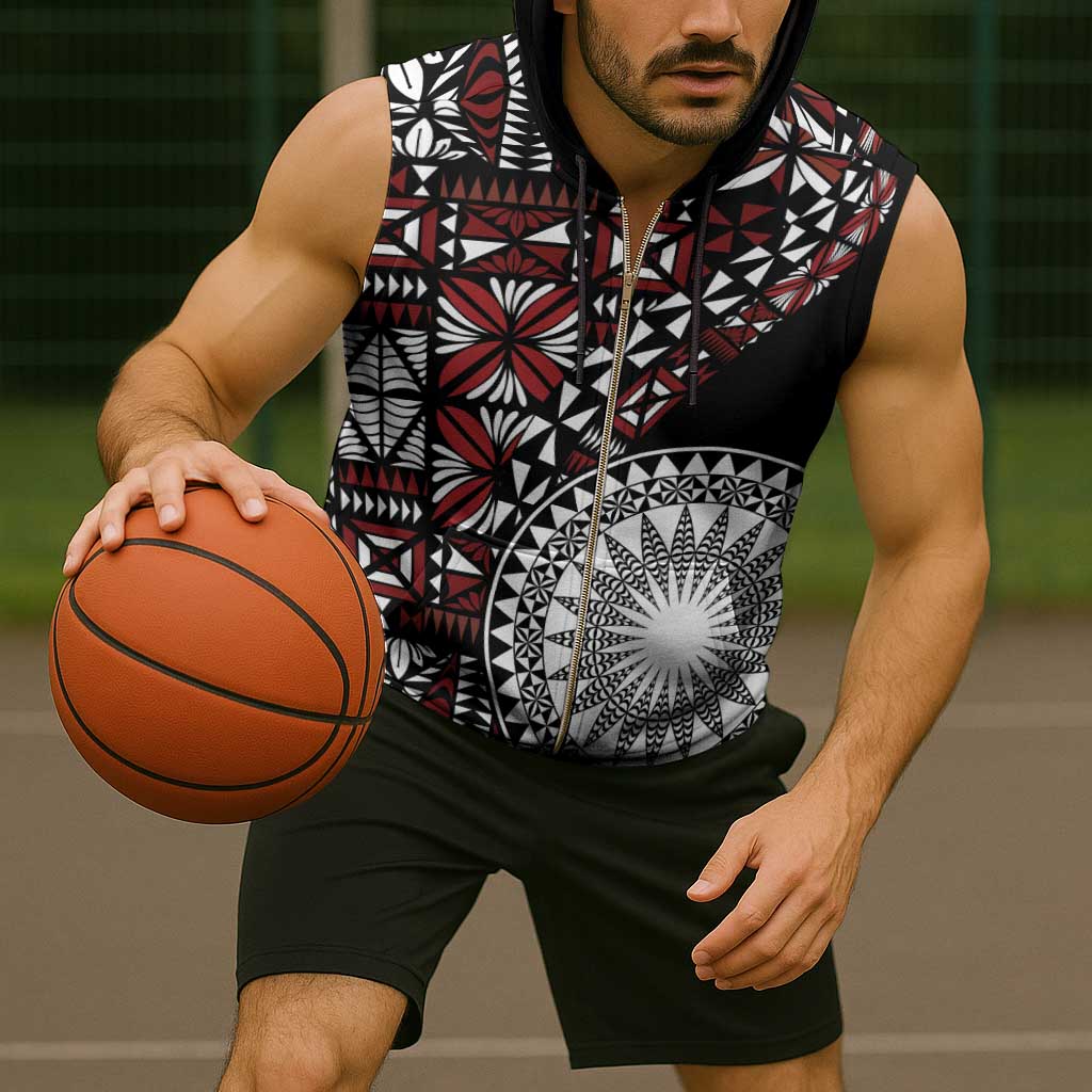 Red Tongan Ngatu Fonulei Pattern Sleeveless Zip Hoodie - Polynesian Pride