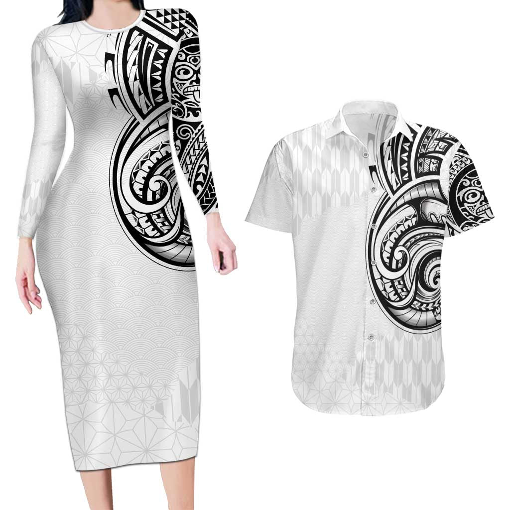Hawaii and Japanese Culture Personalised Couples Matching Long Sleeve Bodycon Dress and Hawaiian Shirt With Polynesian Tribal Tattoo Style