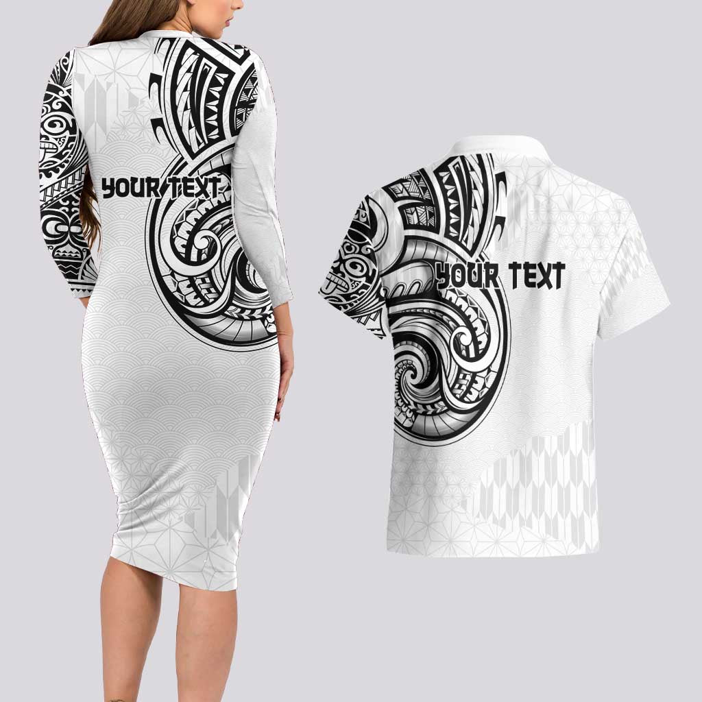 Hawaii and Japanese Culture Personalised Couples Matching Long Sleeve Bodycon Dress and Hawaiian Shirt With Polynesian Tribal Tattoo Style