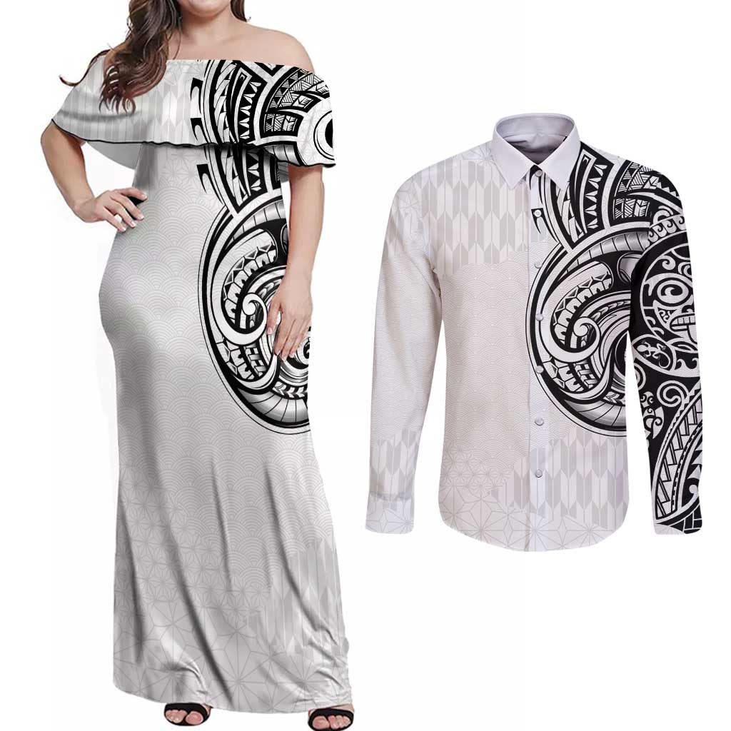Hawaii and Japanese Culture Personalised Couples Matching Off Shoulder Maxi Dress and Long Sleeve Button Shirt With Polynesian Tribal Tattoo Style LT9 White - Polynesian Pride