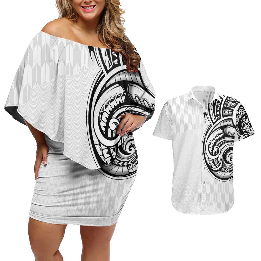 Hawaii and Japanese Culture Personalised Couples Matching Off Shoulder Short Dress and Hawaiian Shirt With Polynesian Tribal Tattoo Style