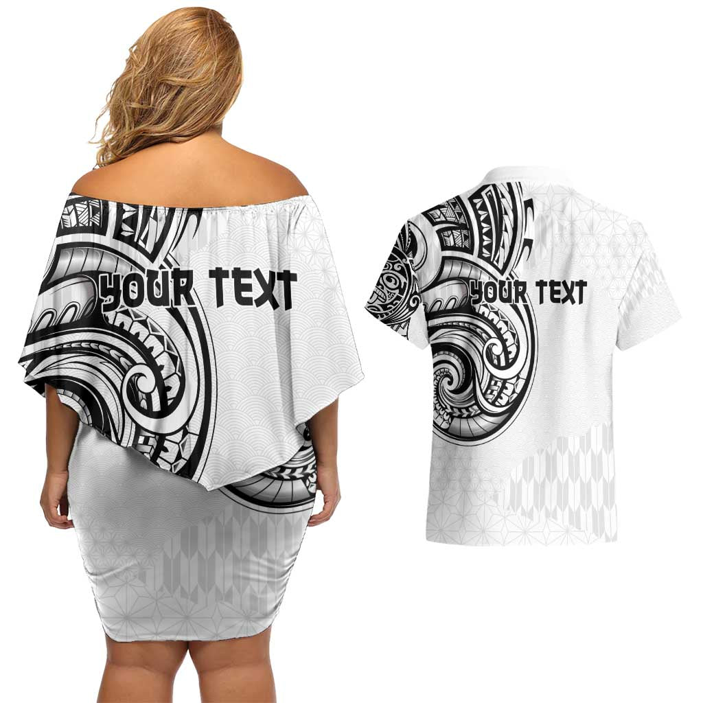 Hawaii and Japanese Culture Personalised Couples Matching Off Shoulder Short Dress and Hawaiian Shirt With Polynesian Tribal Tattoo Style