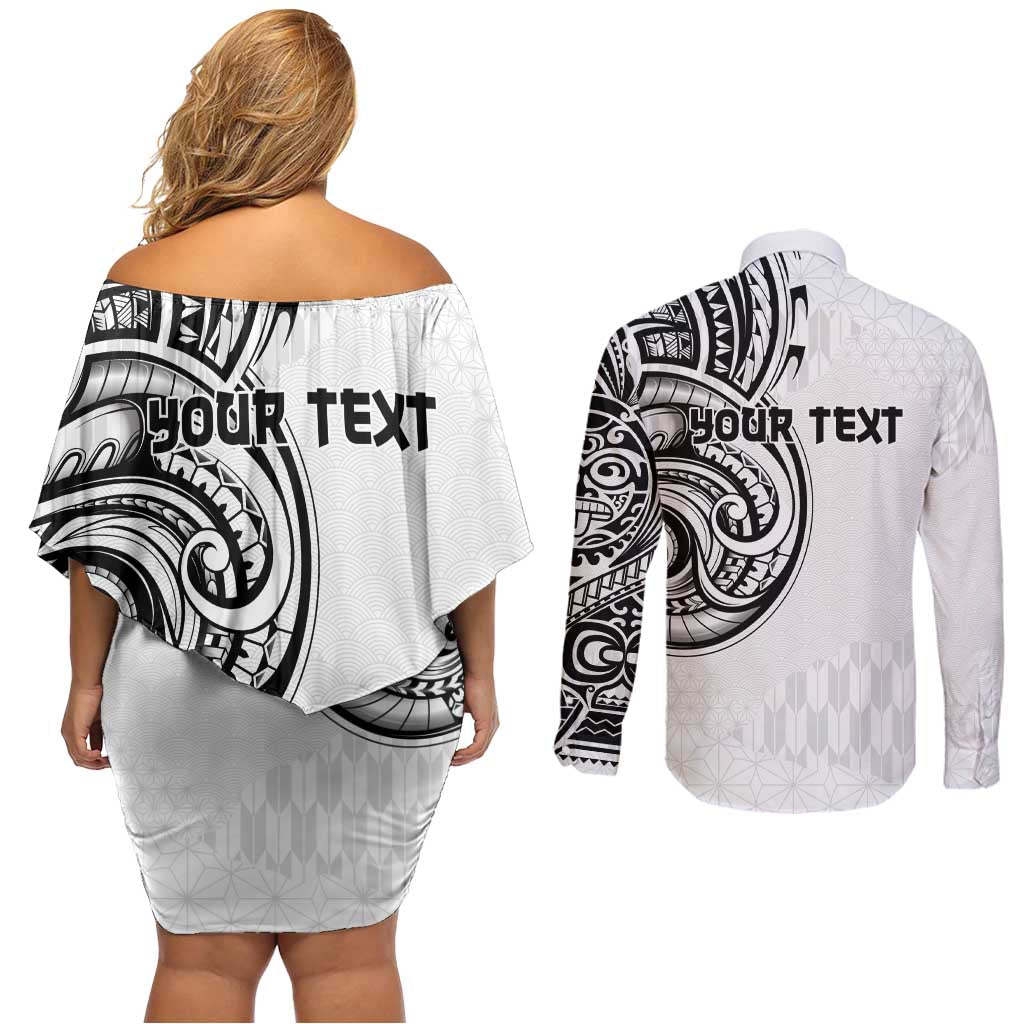 Hawaii and Japanese Culture Personalised Couples Matching Off Shoulder Short Dress and Long Sleeve Button Shirt With Polynesian Tribal Tattoo Style