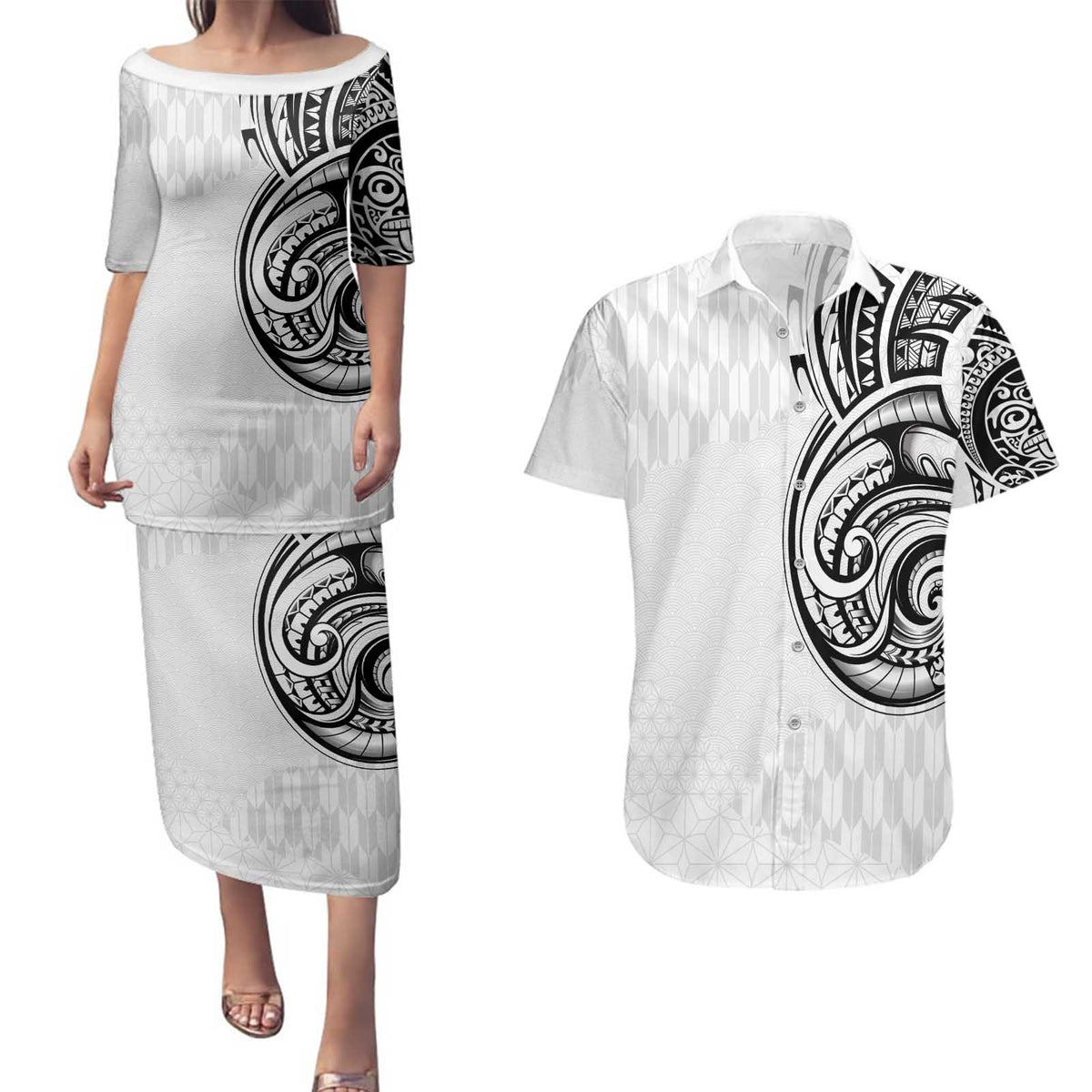 Hawaii and Japanese Culture Personalised Couples Matching Puletasi and Hawaiian Shirt With Polynesian Tribal Tattoo Style