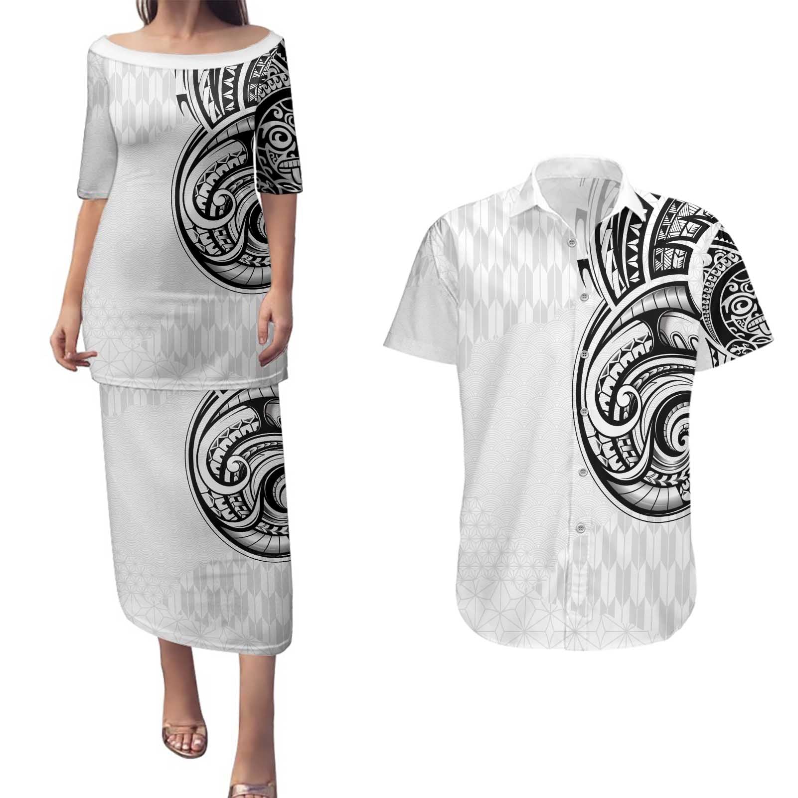 Hawaii and Japanese Culture Personalised Couples Matching Puletasi and Hawaiian Shirt With Polynesian Tribal Tattoo Style