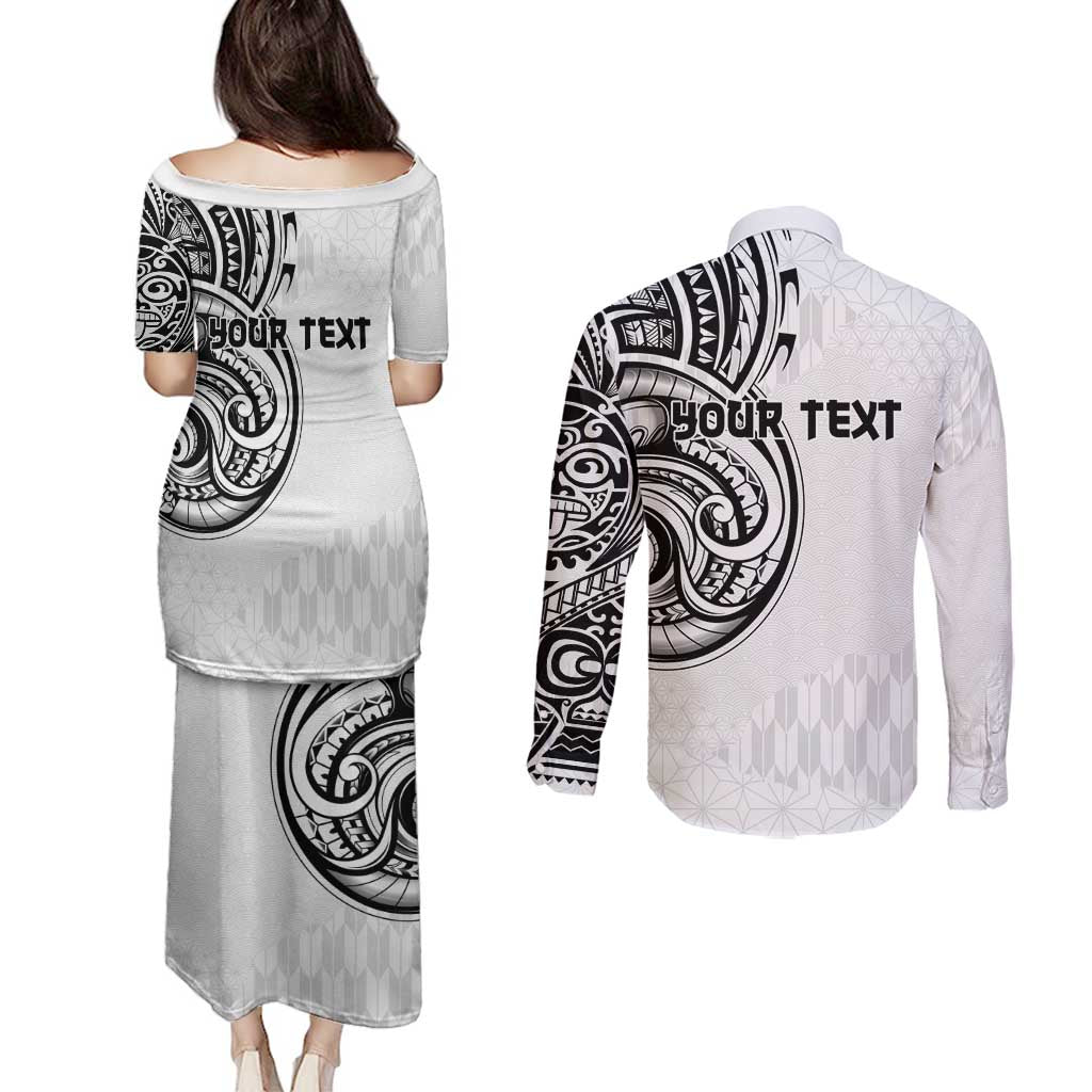 Hawaii and Japanese Culture Personalised Couples Matching Puletasi and Long Sleeve Button Shirt With Polynesian Tribal Tattoo Style