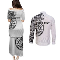 Hawaii and Japanese Culture Personalised Couples Matching Puletasi and Long Sleeve Button Shirt With Polynesian Tribal Tattoo Style