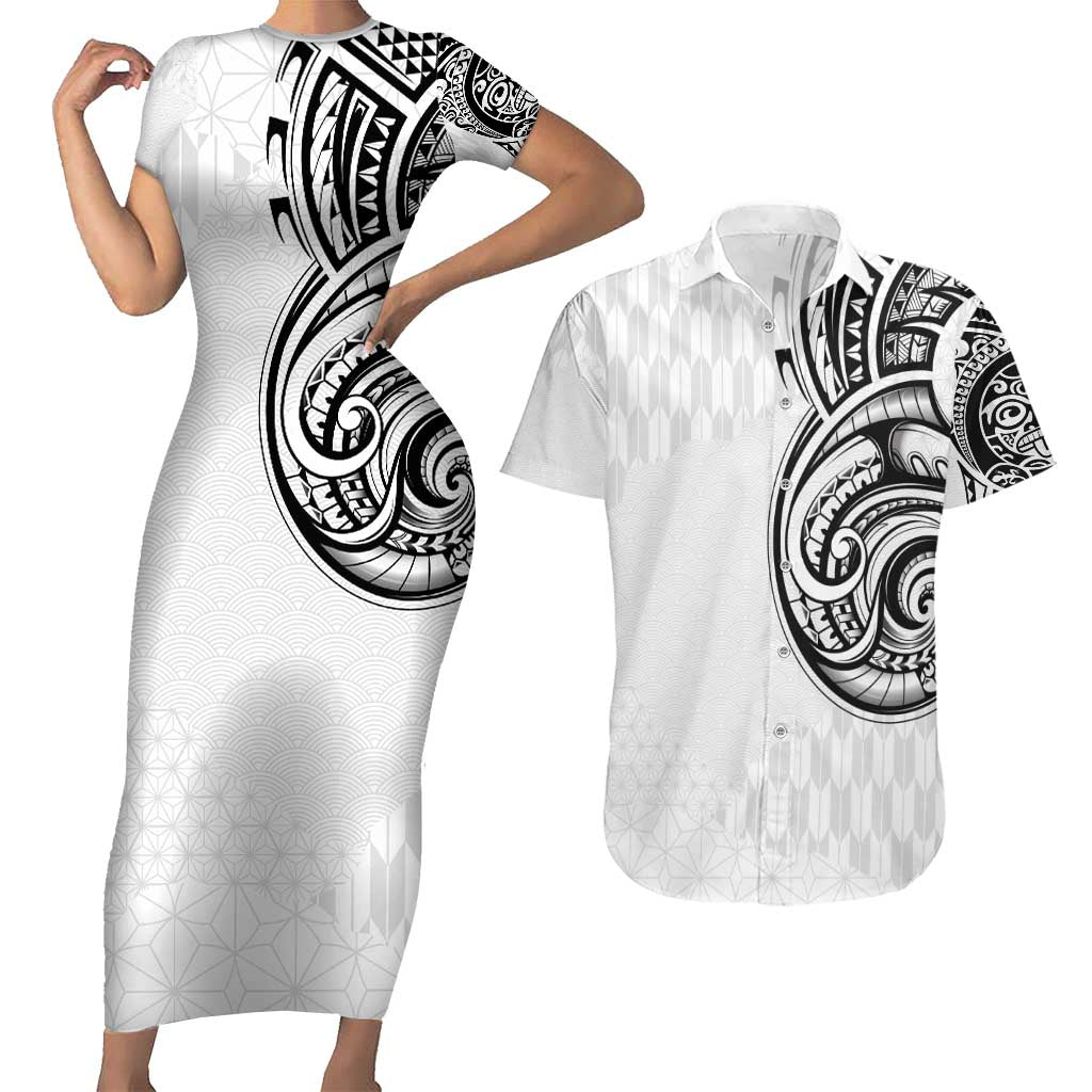 Hawaii and Japanese Culture Personalised Couples Matching Short Sleeve Bodycon Dress and Hawaiian Shirt With Polynesian Tribal Tattoo Style