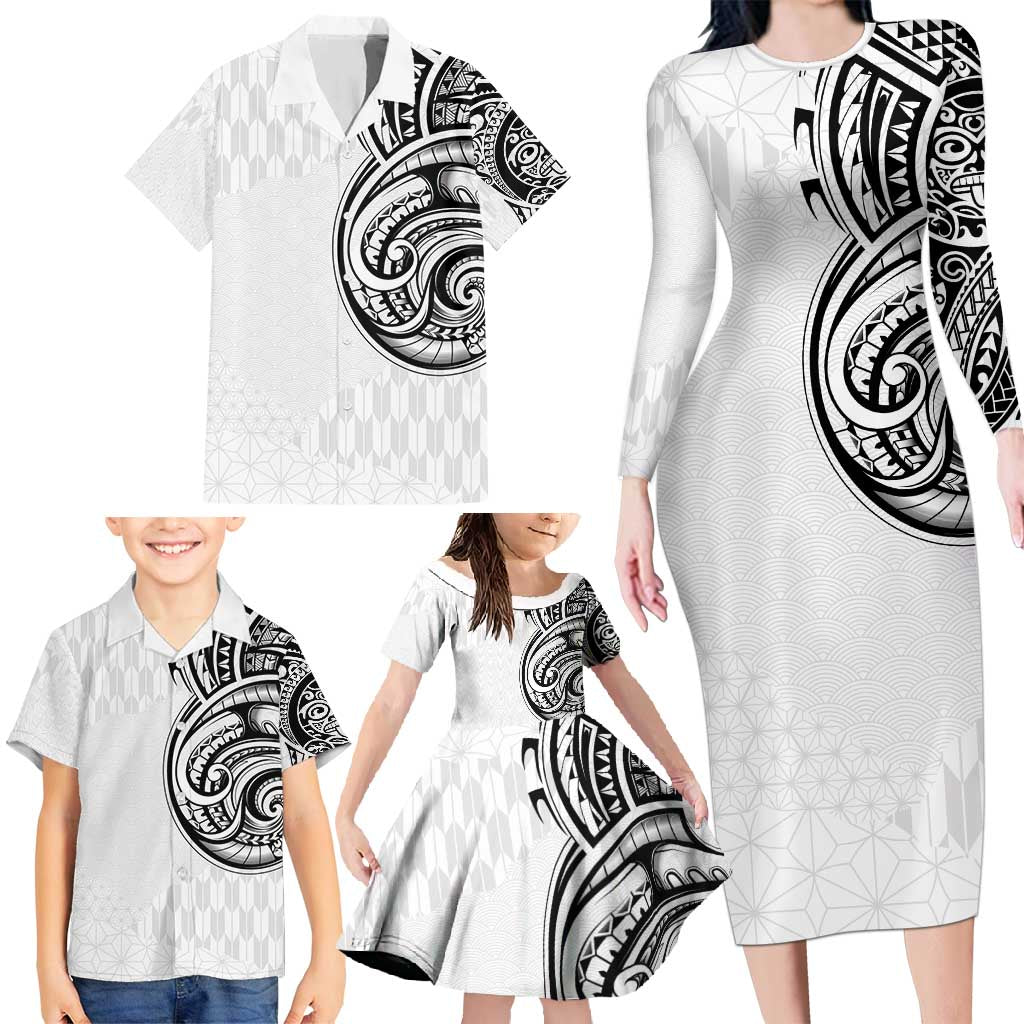 Hawaii and Japanese Culture Personalised Family Matching Long Sleeve Bodycon Dress and Hawaiian Shirt With Polynesian Tribal Tattoo Style
