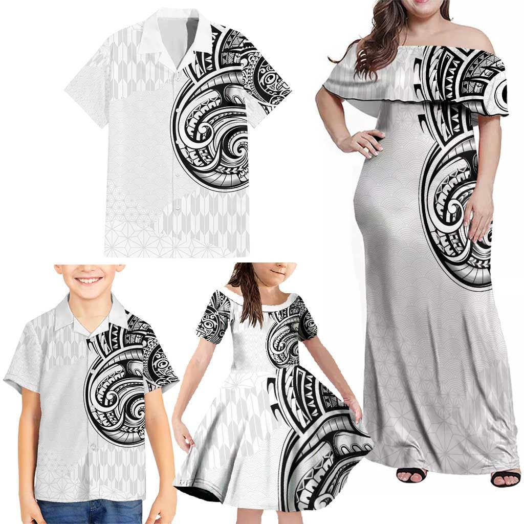Hawaii and Japanese Culture Personalised Family Matching Off Shoulder Maxi Dress and Hawaiian Shirt With Polynesian Tribal Tattoo Style