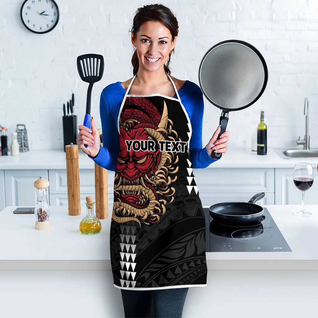 Hawaii and Japanese Oni Mask Personalised Apron Kakau Pattern Dark Art Style - Polynesian Pride