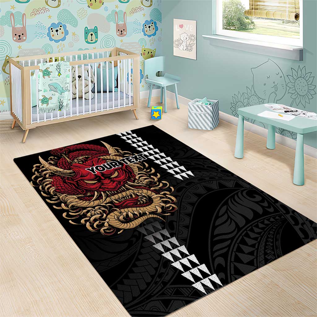 Hawaii and Japanese Oni Mask Personalised Area Rug Kakau Pattern Dark Art Style