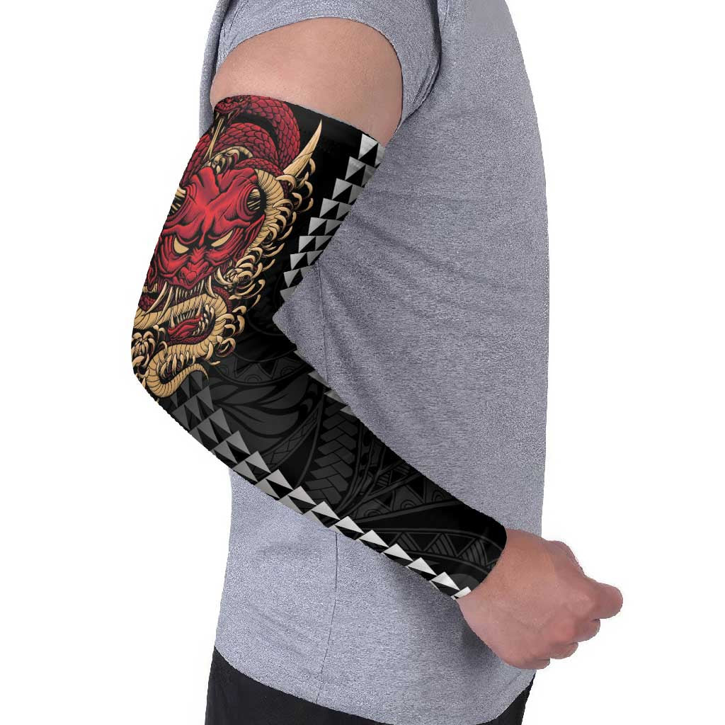 Hawaii and Japanese Oni Mask Personalised Arm Sleeves Kakau Pattern Dark Art Style - Polynesian Pride